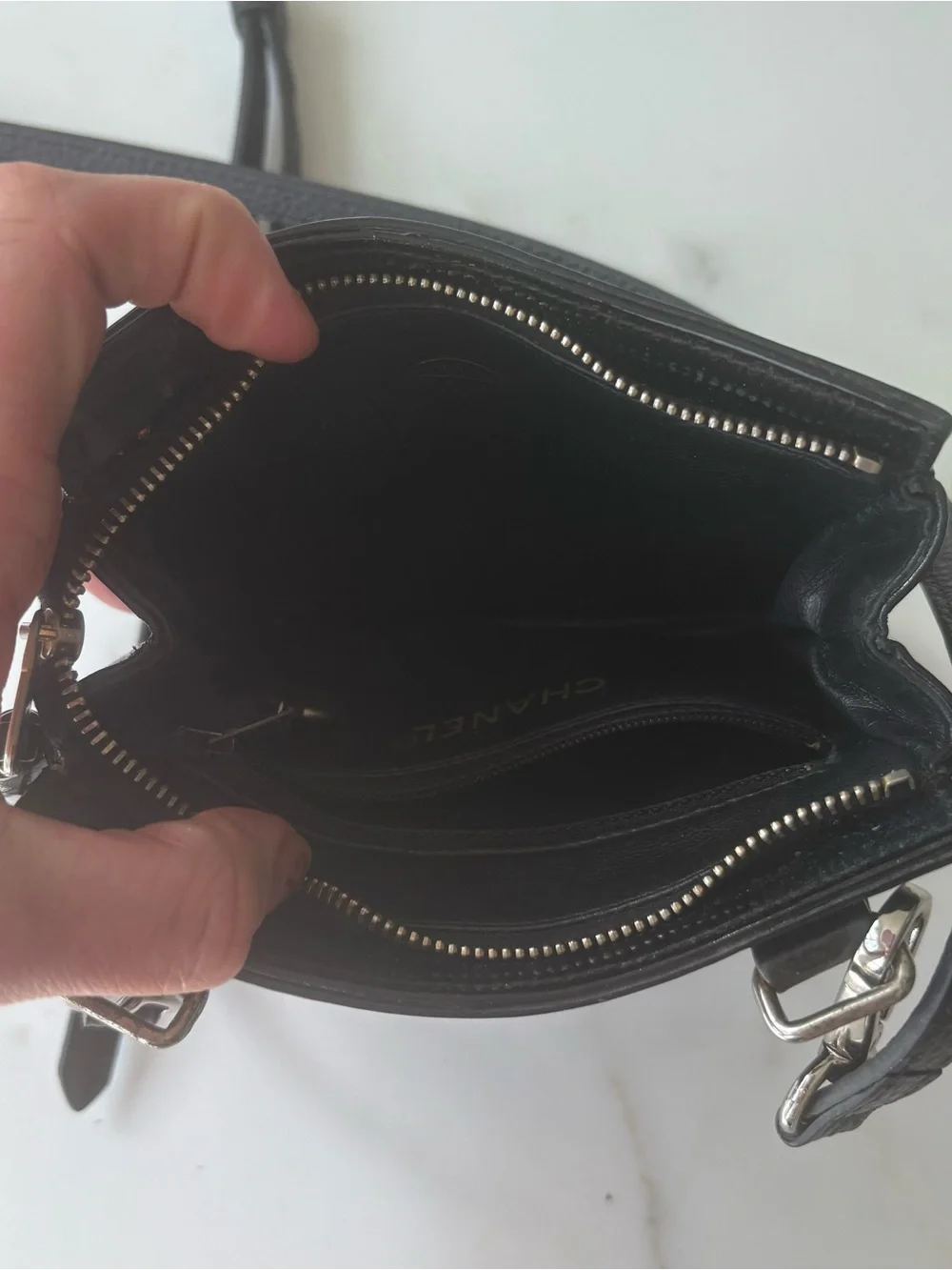 CHANEL Black Patent Leather CC Logo Converted Belt to Crossbody Bag